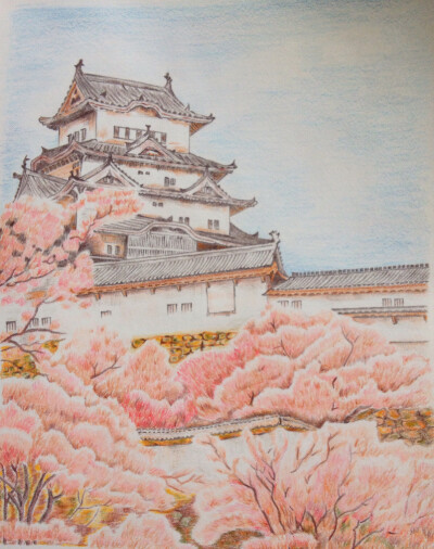 彩铅画日本建筑风景画图片