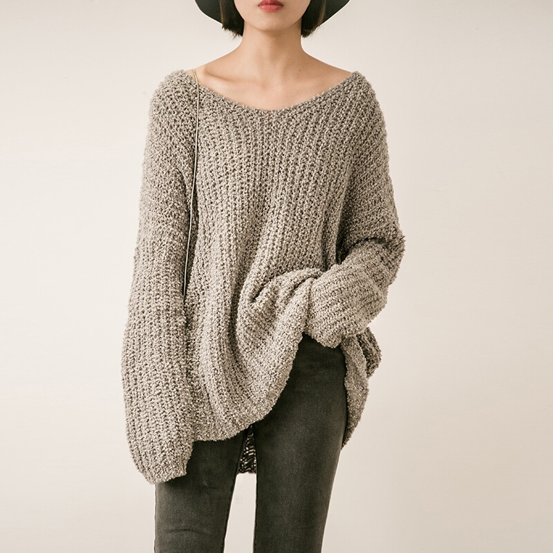 cbomb秋 慵懒fu粗毛线宽松v领套头长袖针织衫 女z456