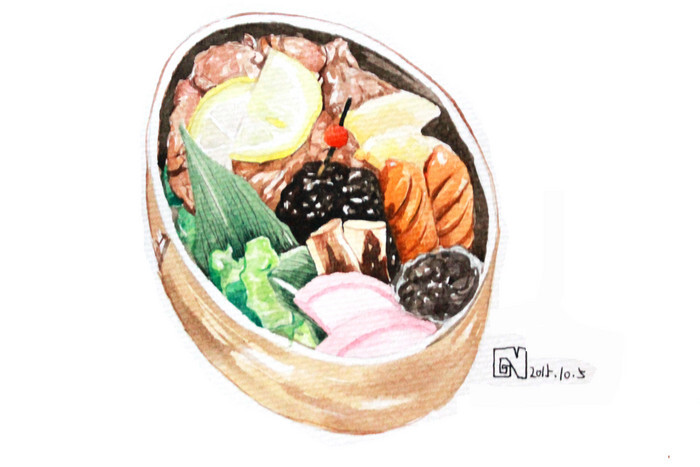 便当系列 手绘水彩 美食食物 插图插画 涂鸦绘图 烤肠牛肉 吃货福利