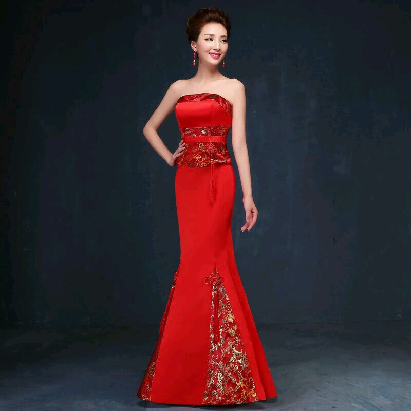 中式抹胸新娘敬酒服修身红色复古鱼尾结婚旗袍秋季