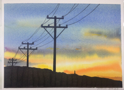 夕阳下的电线杆水彩画图片