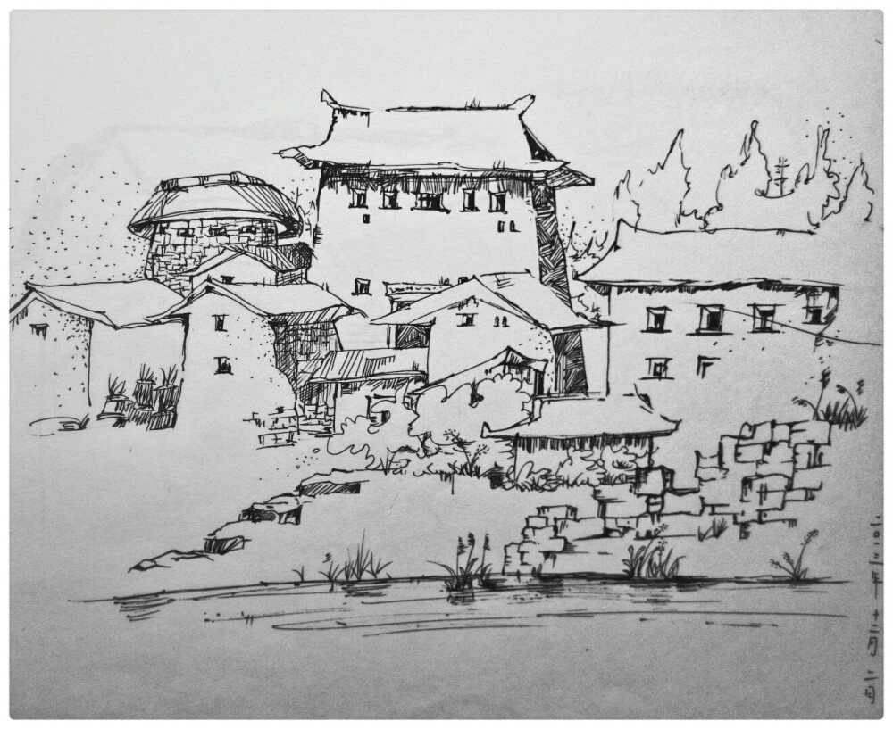 手绘钢笔速写(福建土楼)