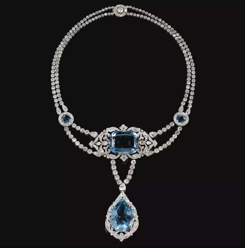 海蓝宝老切割钻石古董项链