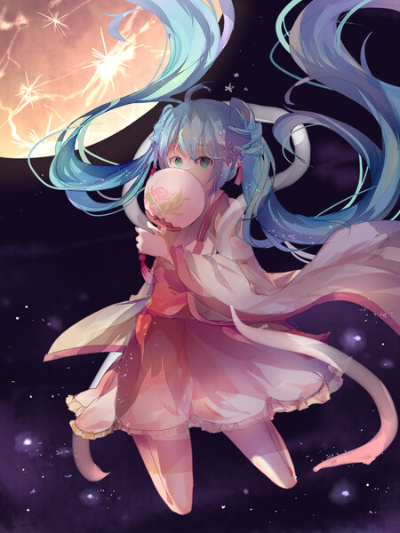 动漫 插画 少女 萌物 可爱 初音未来 miku 初音 v家族 中秋 月亮 id=