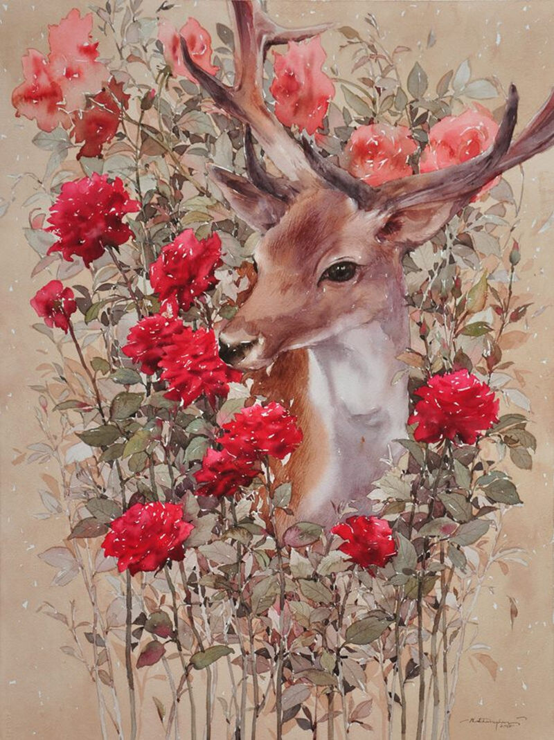 水彩花与小动物