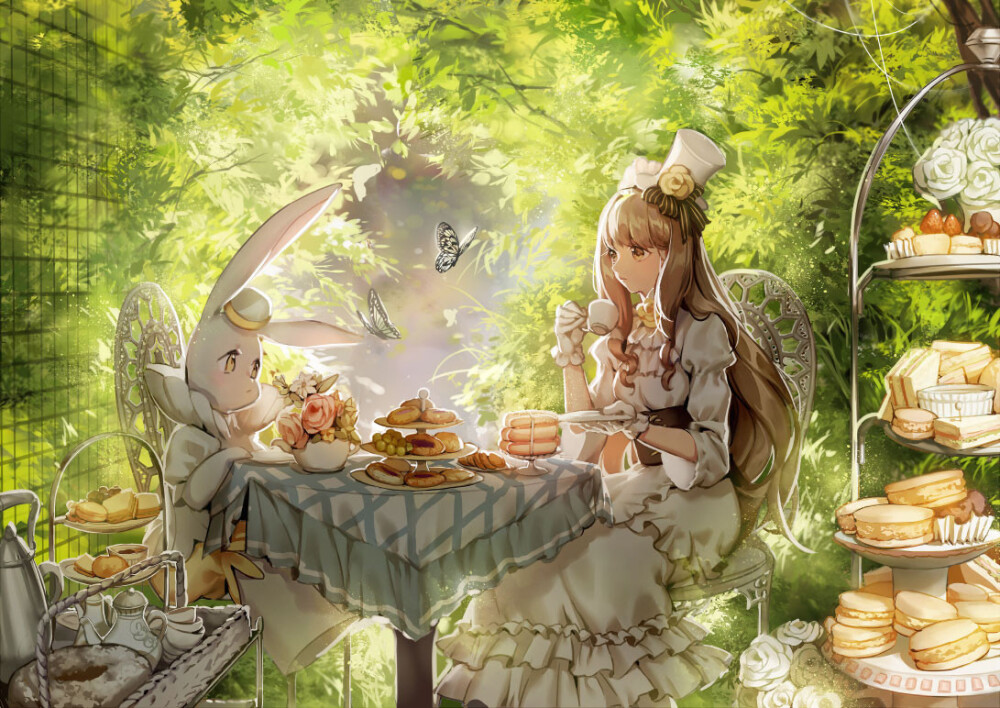 动漫美少女 意境 插画 清新 二次元 少女 爱丽丝梦游仙境 花园 美少女