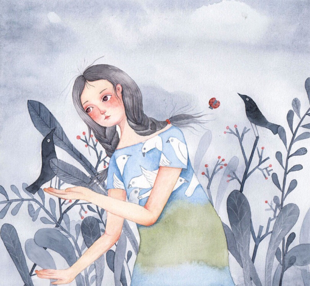 水彩画 手绘 女孩 插画 作者by 迷失嘟嘟