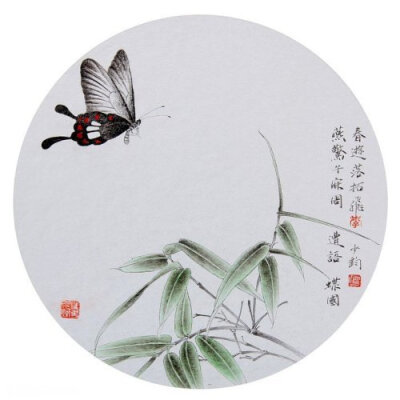 工笔圆形扇面花鸟