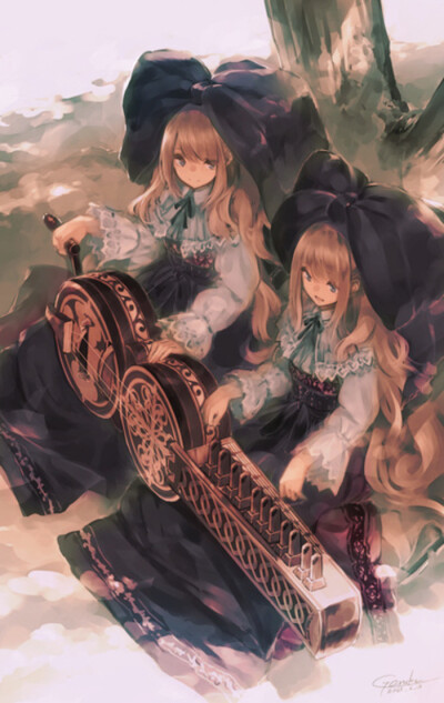 动漫 美图 少女 双生 复古 意境 插画 人物 萝莉 长发 蝴蝶结 裙子