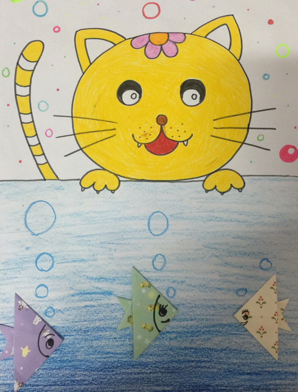 折纸画小猫钓鱼