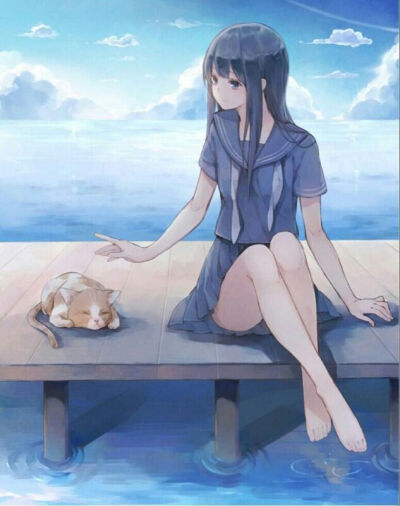 二次元 插画 女孩 猫 意境