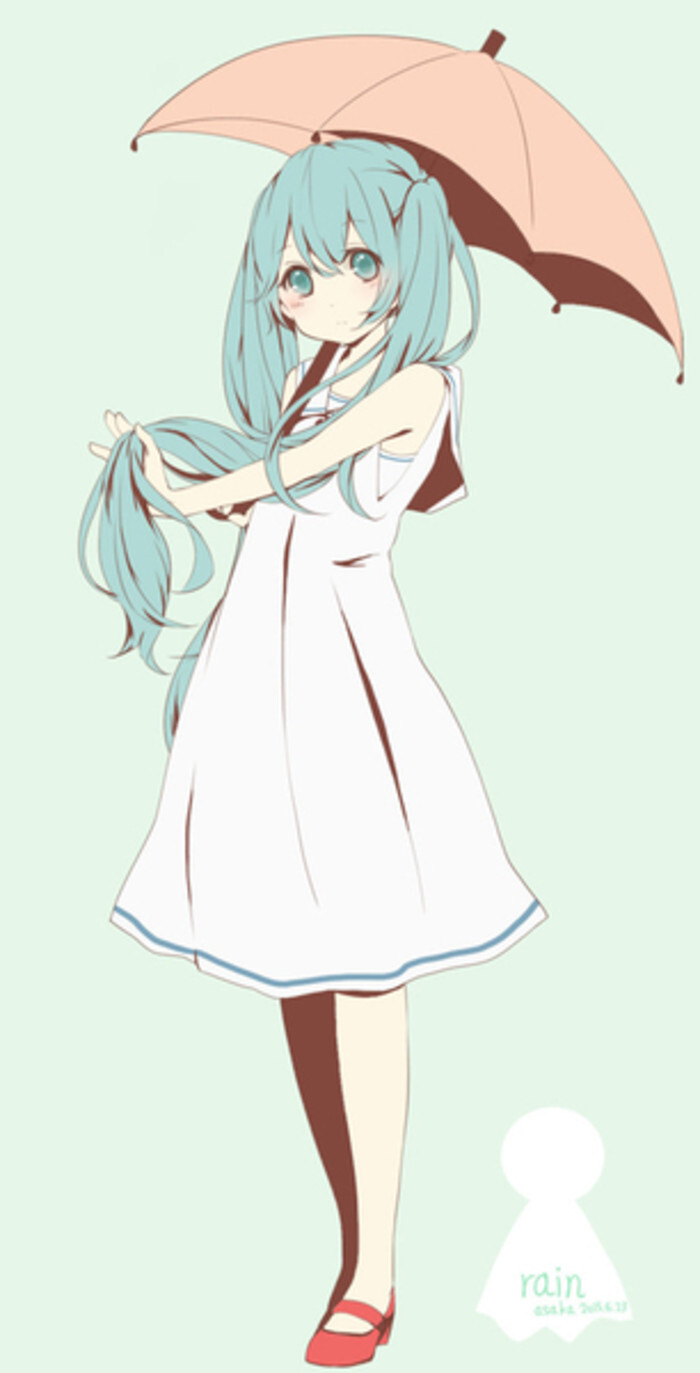 动漫 双马尾 少女 初音 人物 意境 简单 美图 插画 同人 雨伞 女生