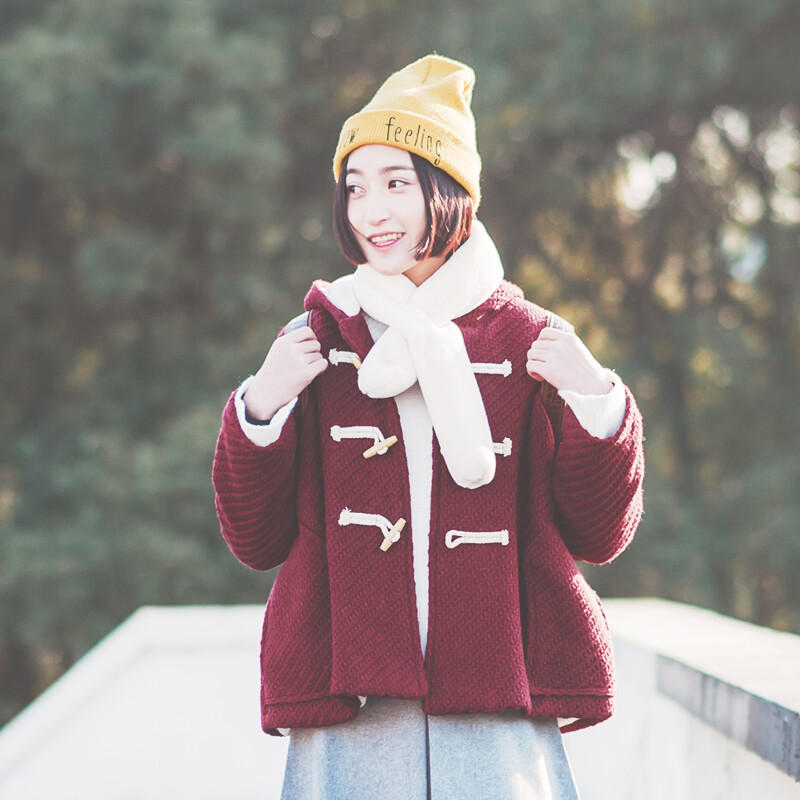 冬日系甜美学院韩国酒红色牛角扣加绒连帽加厚棉衣外套女