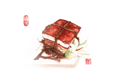 原创水彩手绘 东坡肉 吃货 欢迎约稿