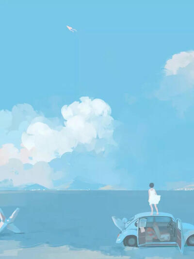 动漫插画 二次元 场景 意境 蓝色系 海洋 壁纸 插画 唯美 白云是蓝天
