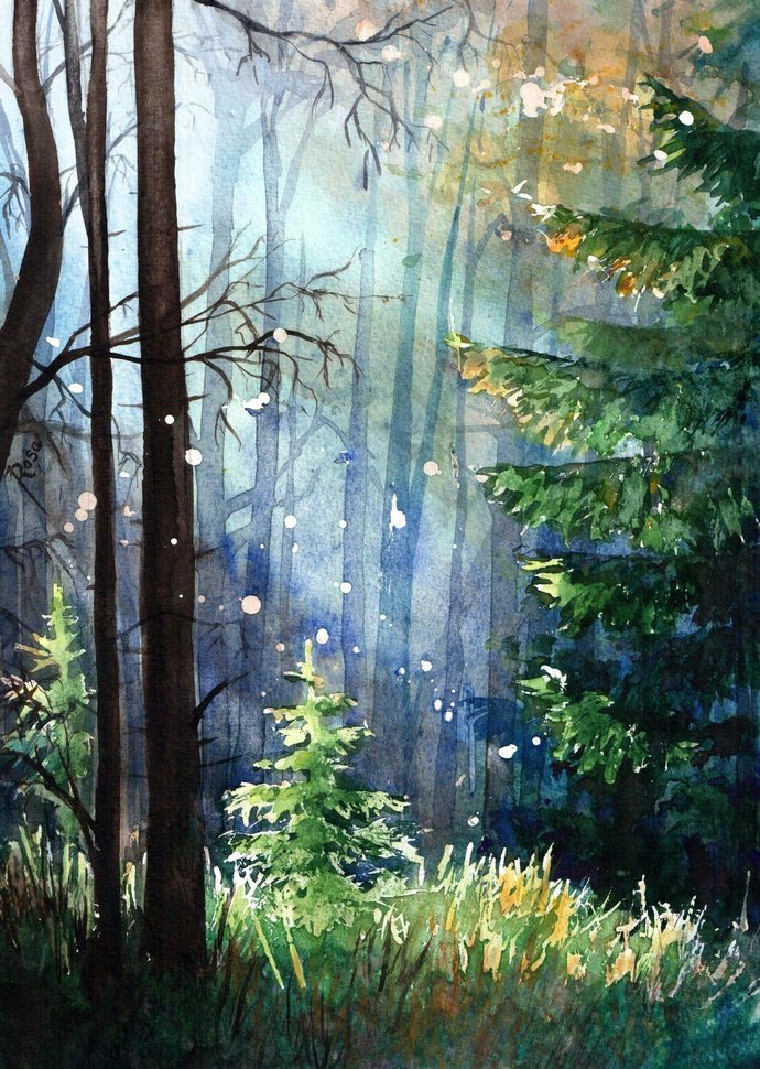 森林水彩绘画作品图片