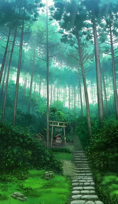 手机壁纸 二次元 场景,手机壁纸 二次元 动漫 二次元 场景区 暖色调 绿色系 小清新 神社 林间小道 手机屏保壁纸