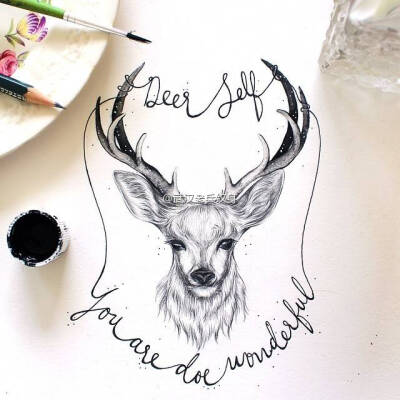 鹿头纹身手稿黑白图片