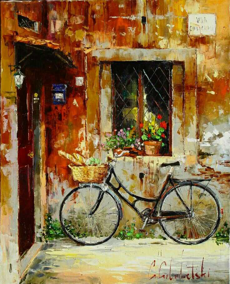 来自插画师gled goloubetski的单车唯美风光油画作品,艳丽的色彩世界