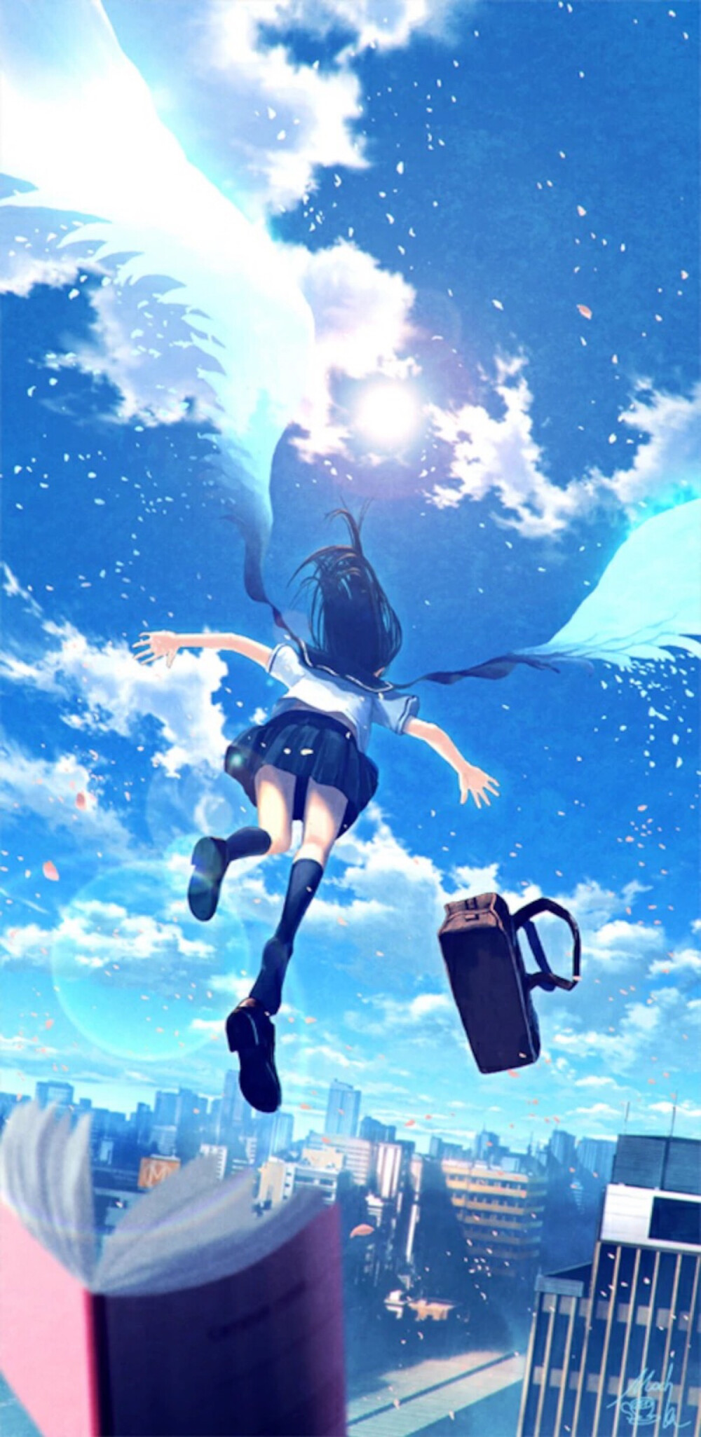 唯美 长发 水手服 少女 小清新 温馨 治愈 天空 翅膀 萌 二次元 高清