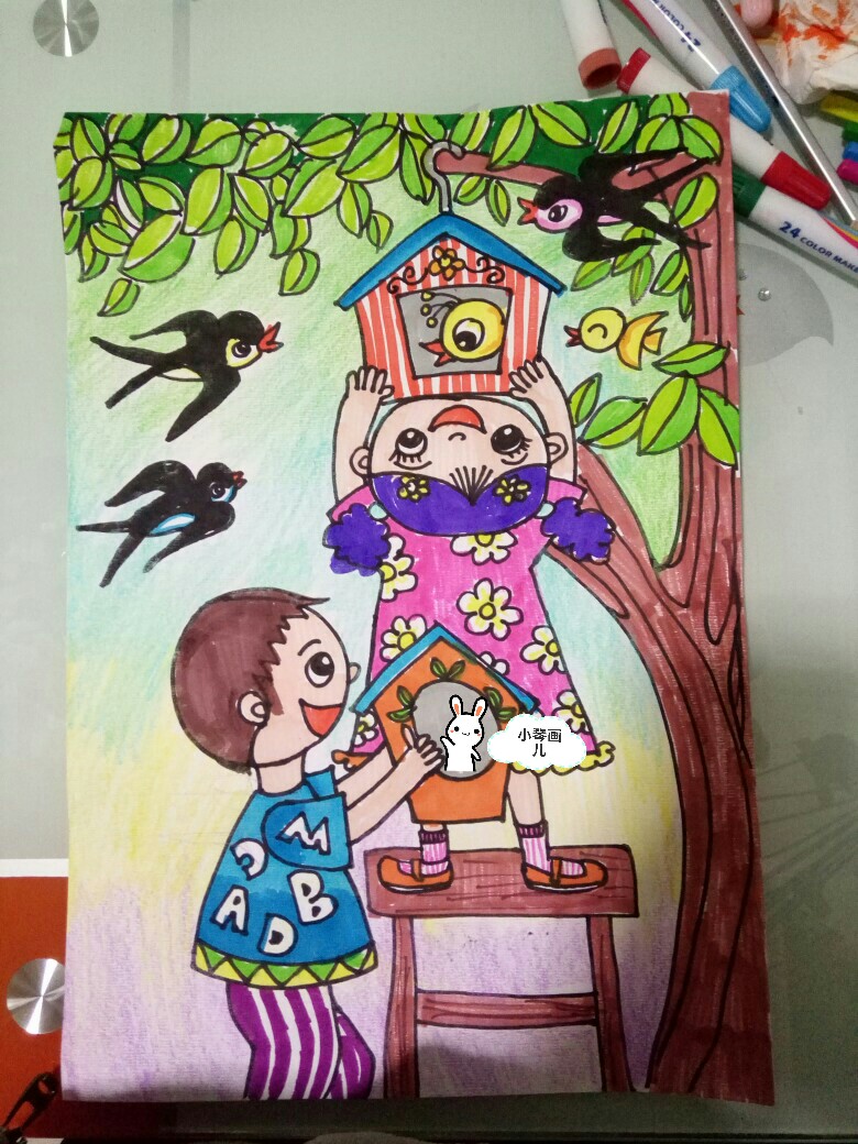 小鸟的家儿童画彩笔彩铅春天
