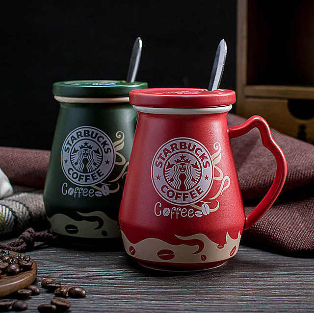 星巴克奶壶陶瓷马克杯咖啡杯早餐牛奶杯带盖带勺子情侣水杯茶杯