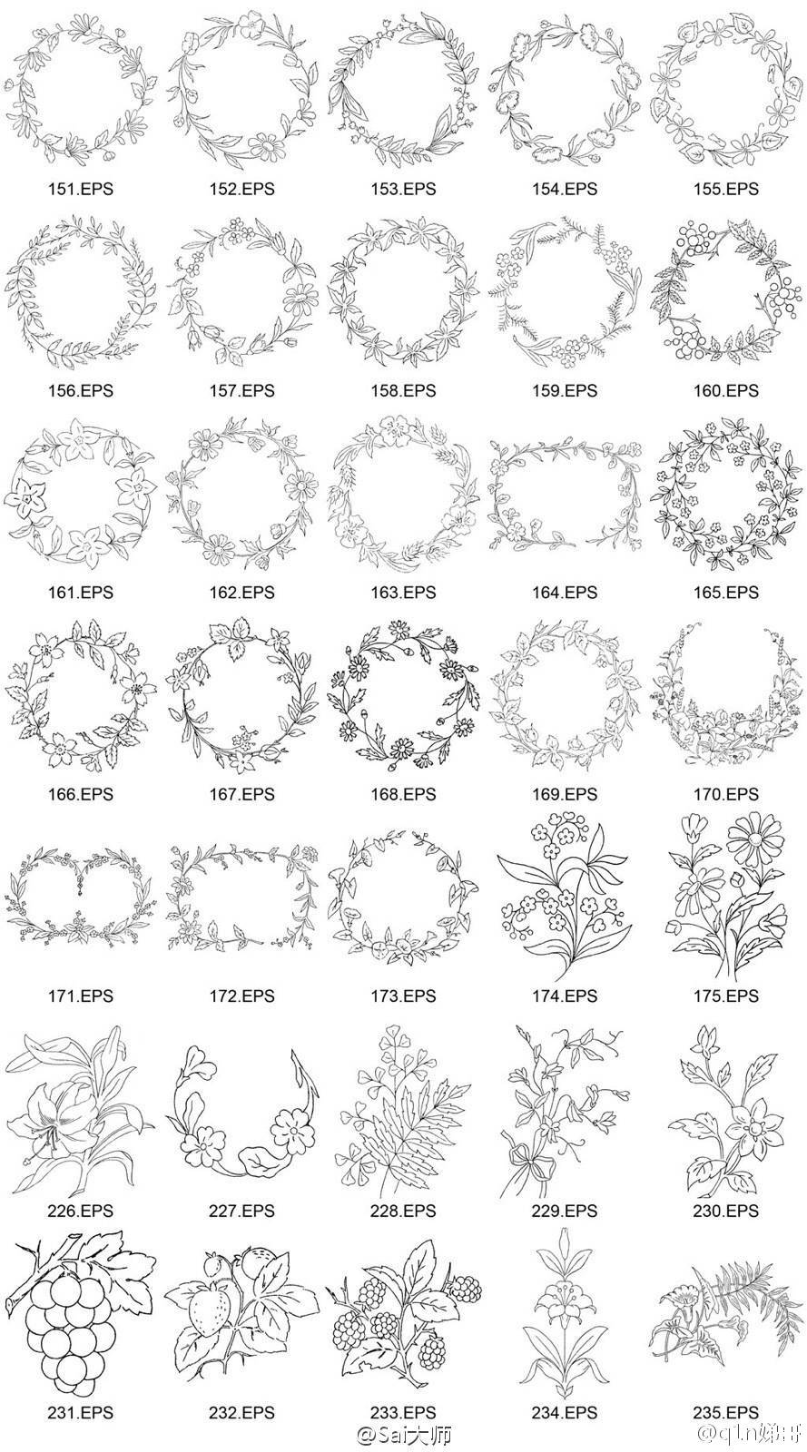绘画 漫画 素材 花花草草 花环 边框 线稿