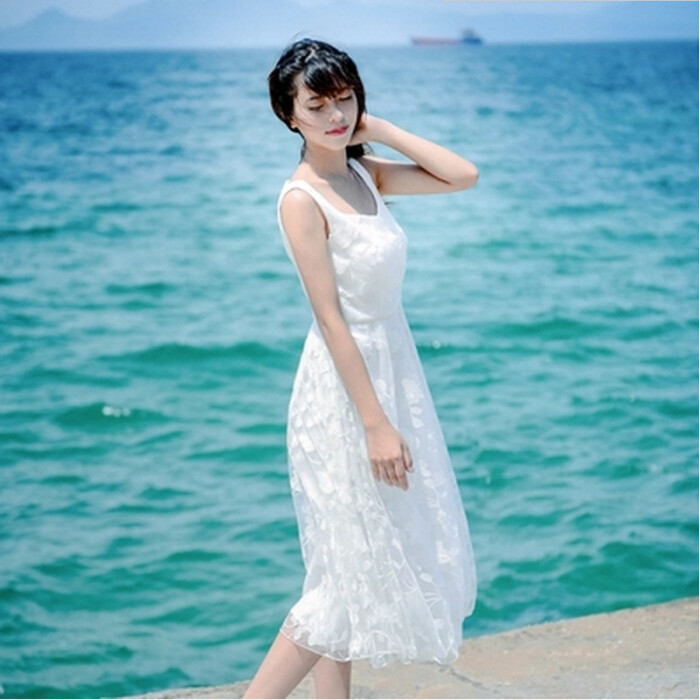 小清新甜美蕾丝白色连衣裙唯美修身气质沙滩裙夏长裙大摆a字裙女-淘宝