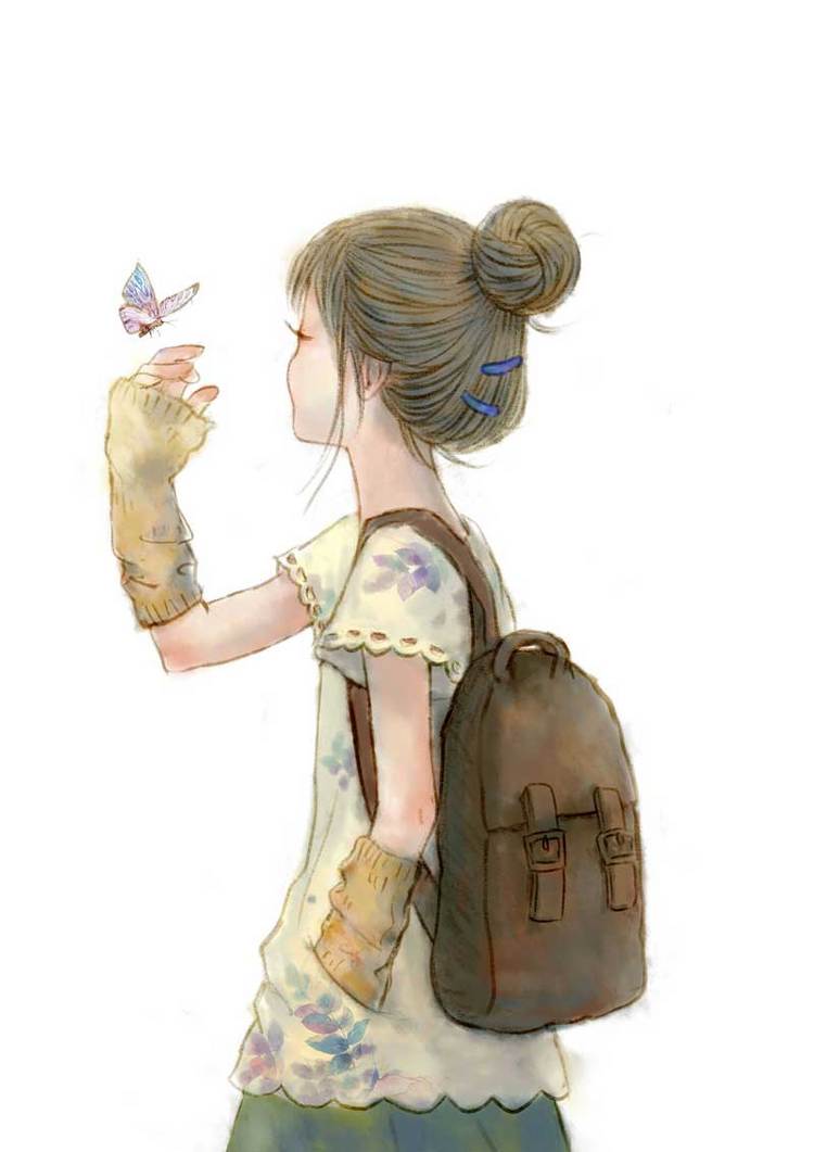 迷蝴蝶-暴走的小鱼_女孩,蝴蝶,安静_涂鸦王国插画