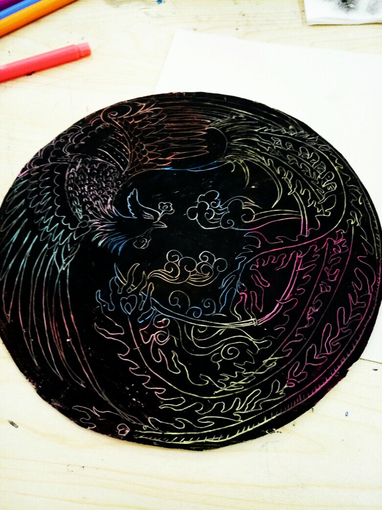 刮画凤凰,蜡笔