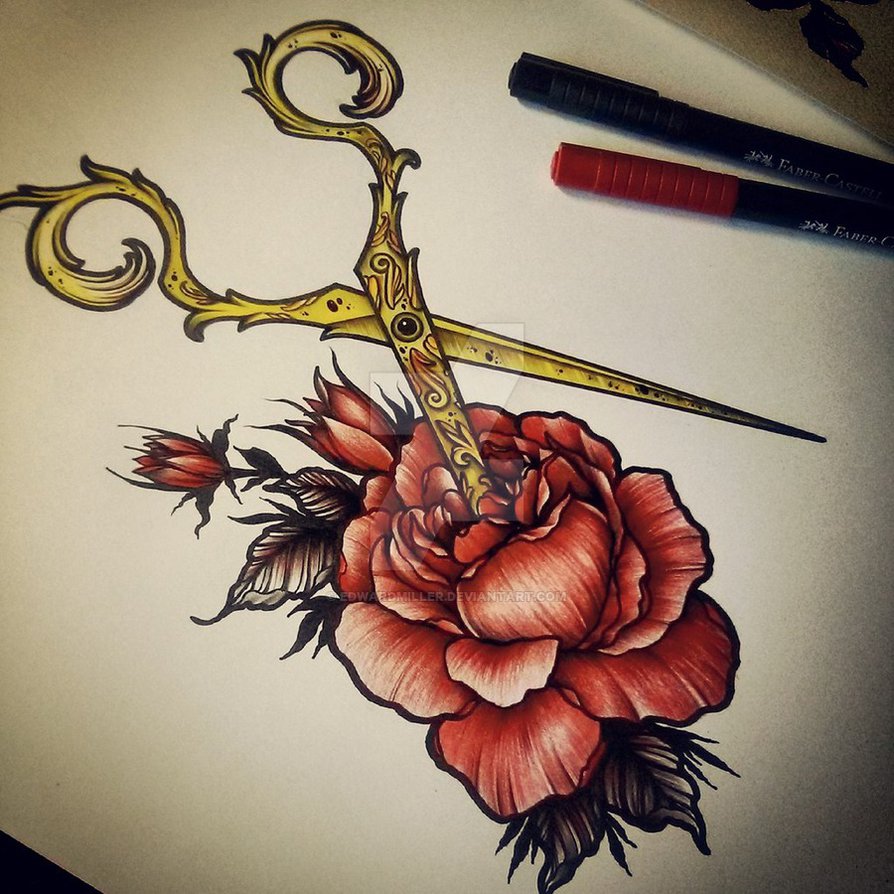 tattoo design 纹身手稿 设计图 玫瑰 剪刀
