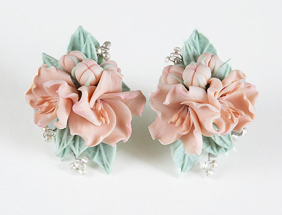 pale pink,crape myrtle pale pink earrings sage green. pink flower earrings.