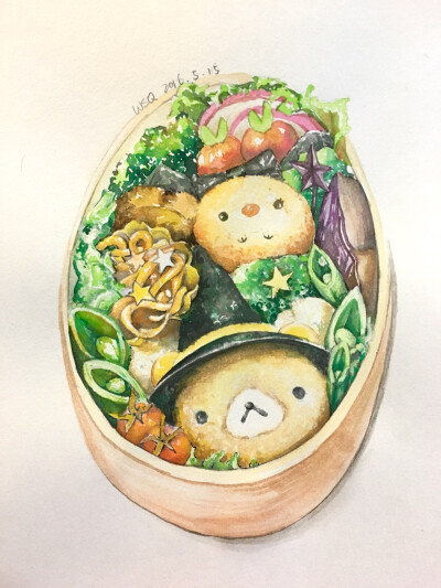 超可爱手绘日系小熊便当盒,水彩手绘 微博:@小小王赛琼