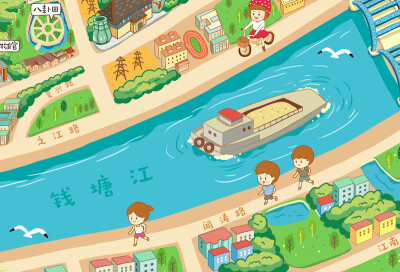 q版卡通杭州手绘旅游攻略地图|商业插画|插画|栗绛