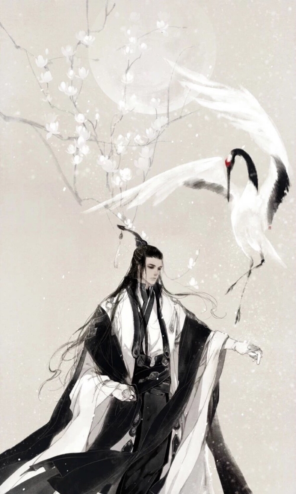 古风插画,风景,人物,手绘,水彩,水墨画,涂鸦,唯美,意境,背景壁纸.仙鹤