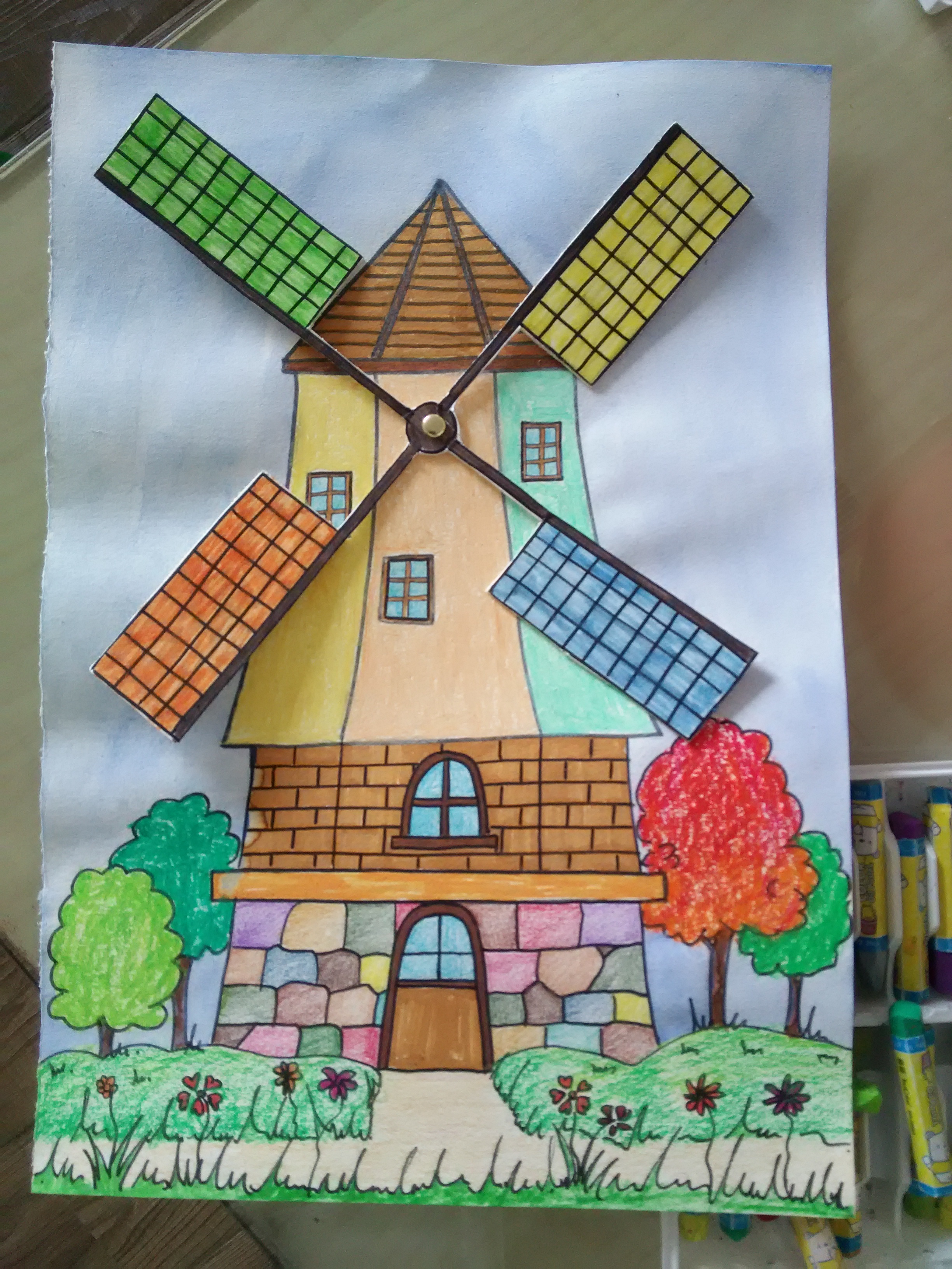 荷兰风车简笔画 彩色图片
