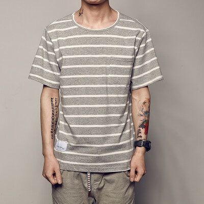 男道夏装新款街头复古海魂衫男文艺小清新条纹tee潮流口袋短袖t恤