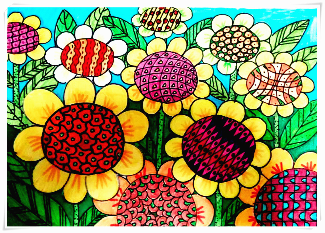 水彩笔 线描画 向日葵