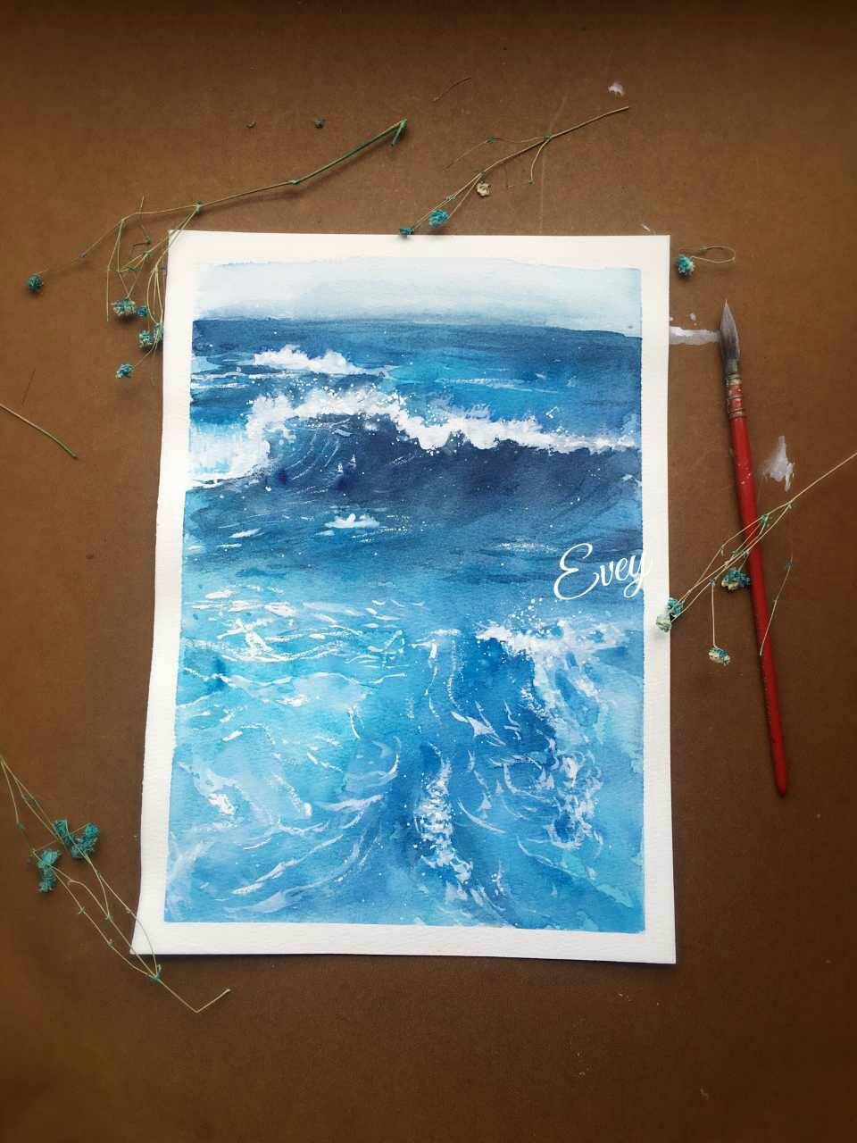 水彩画 澎湃的海