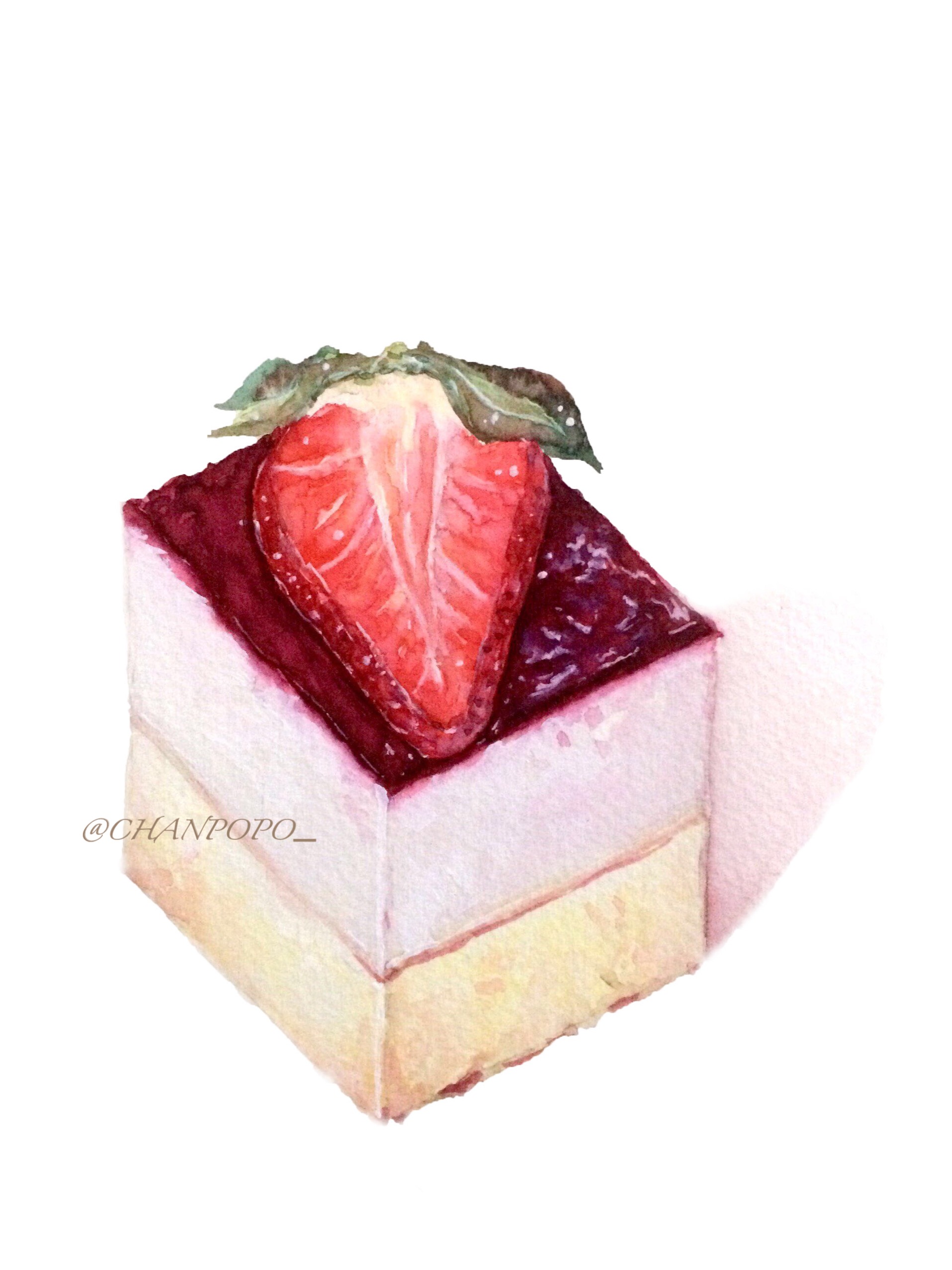【小美食】水彩 插画 绘画 手绘 甜品 美食 草莓慕斯蛋糕