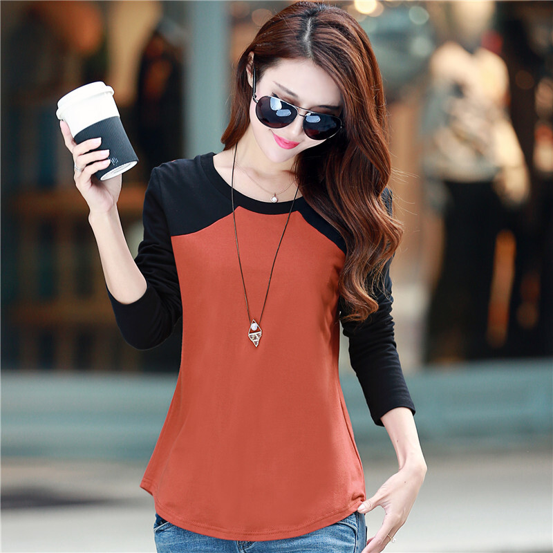 2016秋季新款时尚百搭拼接t恤衫女士上衣修身长袖纯棉打底衫包邮