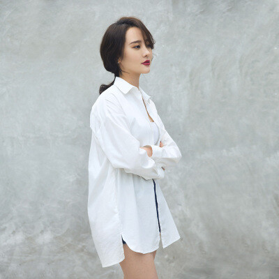 rll2016早秋度假简约宽松休闲bf风长袖白色衬衫中长款打底上衣女
