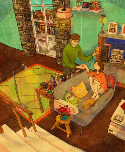韩国插画家puuung1()将自己与爱人的生活工作画面用画笔记录下来,张张
