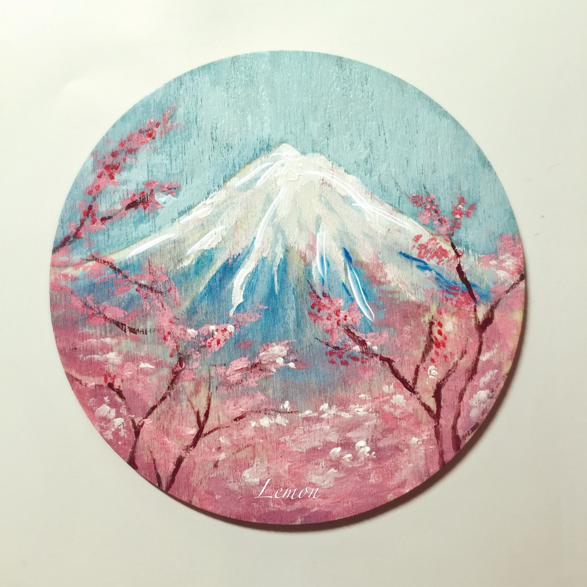 富士山下的樱花水粉画图片
