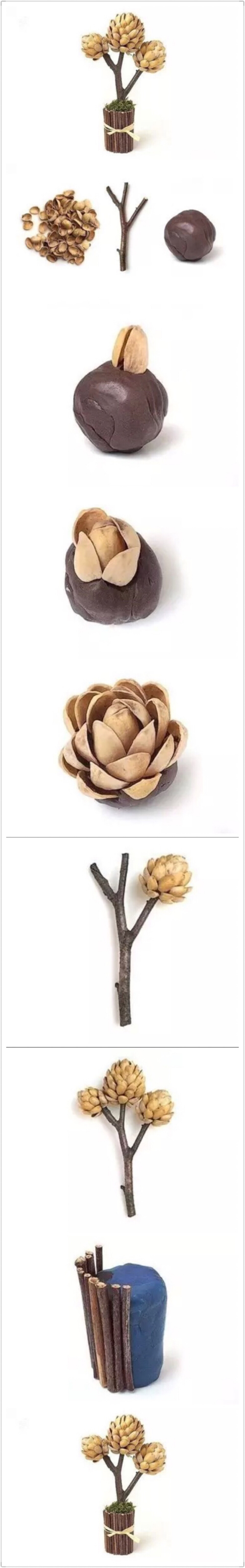 准备材料:开心果壳,树枝,彩泥,木棍,丝带.