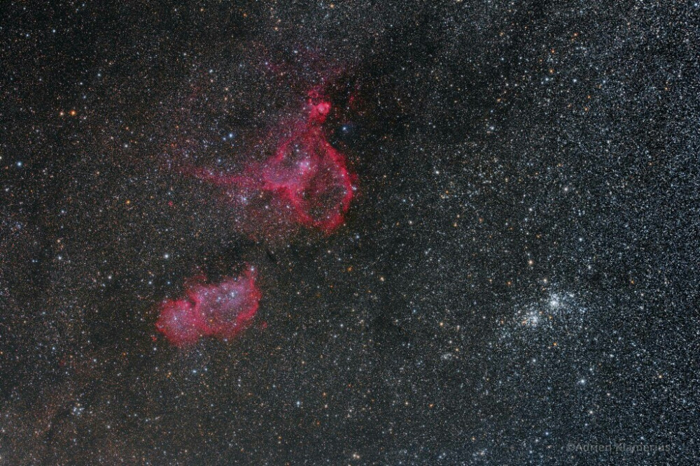 灵魂和双星团,下图左侧分别为ic 1805和ic 1848,并称心脏与灵魂星云