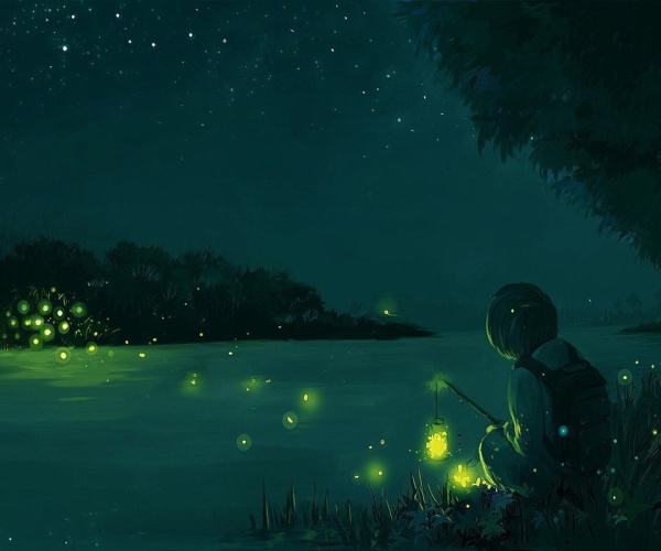 萤火虫成群地在夜空中飞翔,像星的河流,灯的长阵.