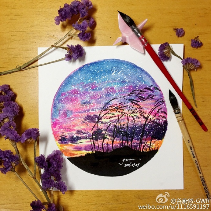 星空樱花树马克笔画法图片