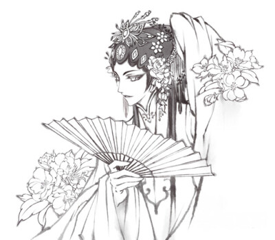 京剧花旦手绘 黑白图片