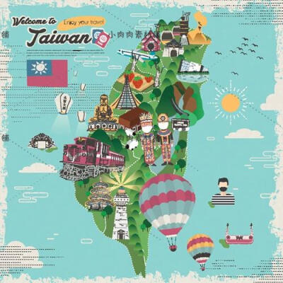 扁平化台湾美食地图旅行建筑标志手绘地图矢量设计素材ai121